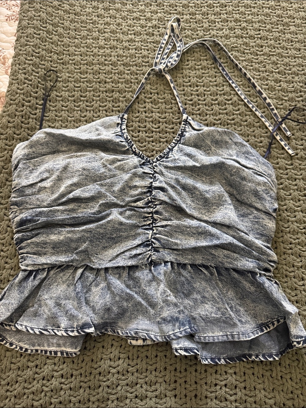 Washed Blue Halter Ruffle Tank Top